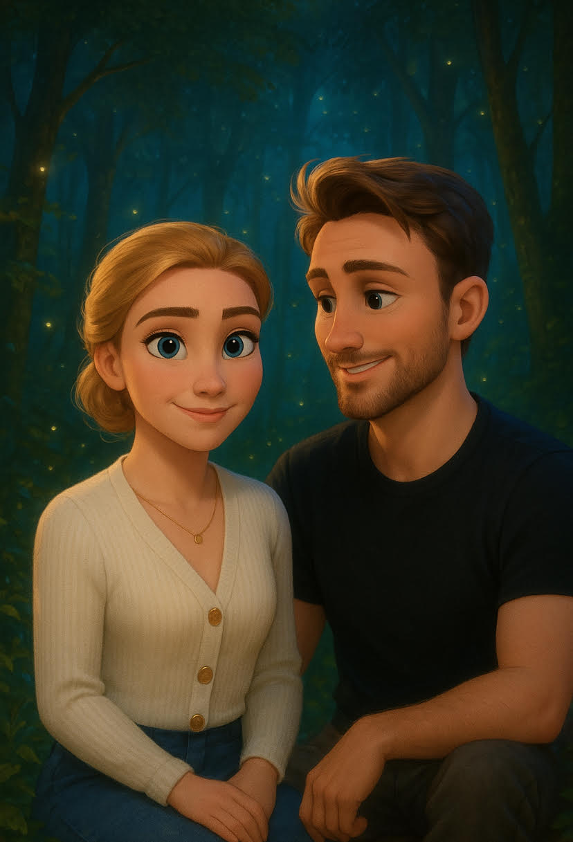 A romantic digital illustration of a cartoon/Disney version of a couple sitting close, with the boyfriend and girlfriend sat close to one another with  a nice fairytale theme.